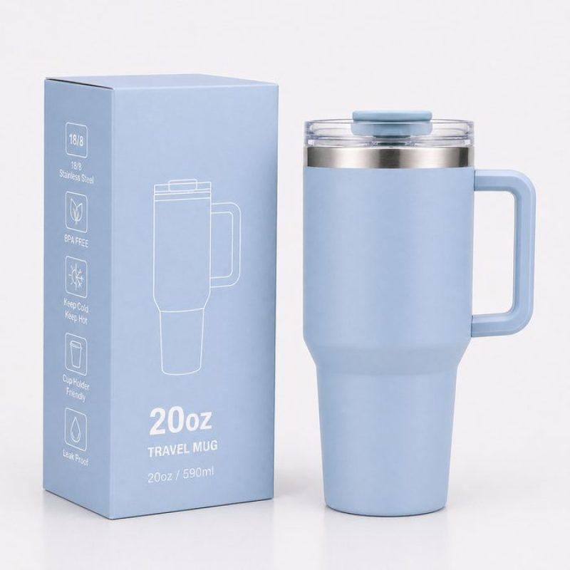 20 oz Insulated Stainless Steel Tumbler with Handle, 2-in-1 Straw and Sip Lid, 600ml Travel Coffee Mug, Car Cup Holder Friendly Leak-Resistant Water Bottle