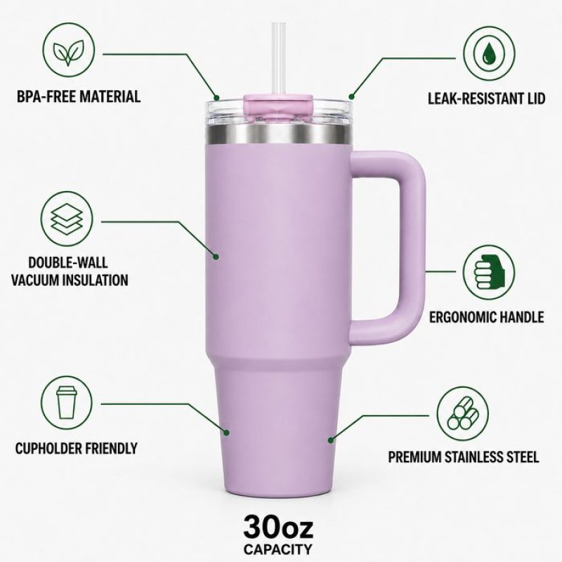 30 oz Insulated Stainless Steel Tumbler with Handle, 2-in-1 Straw and Sip Lid, 900ml Travel Coffee Mug, Car Cup Holder Friendly Leak-Resistant Water Bottle