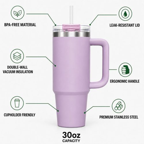 30 oz Insulated Stainless Steel Tumbler with Handle, 2-in-1 Straw and Sip Lid, 900ml Travel Coffee Mug, Car Cup Holder Friendly Leak-Resistant Water Bottle