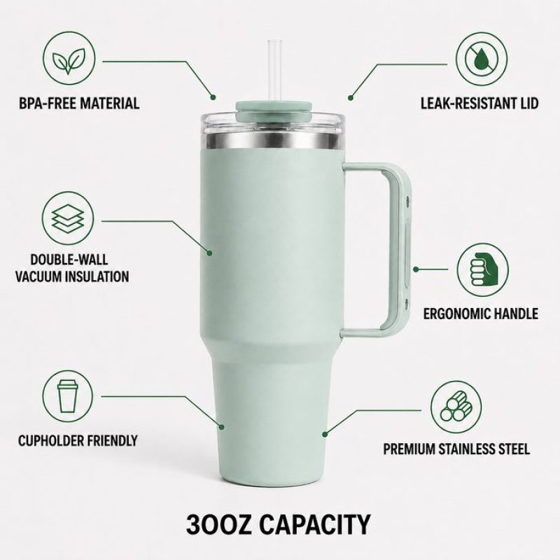 30 oz Insulated Stainless Steel Tumbler with Handle, 2-in-1 Straw and Sip Lid, 900ml Travel Coffee Mug, Car Cup Holder Friendly Leak-Resistant Water Bottle