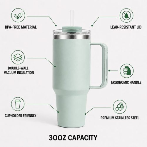 30 oz Insulated Stainless Steel Tumbler with Handle, 2-in-1 Straw and Sip Lid, 900ml Travel Coffee Mug, Car Cup Holder Friendly Leak-Resistant Water Bottle