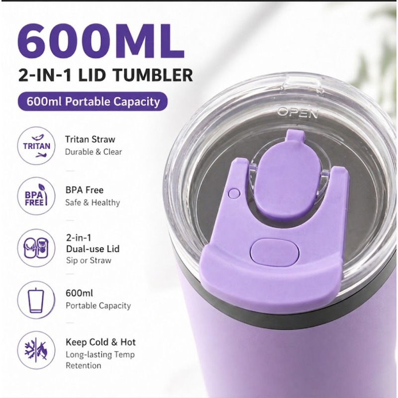 600ml Portable Travel Tumbler 2-in-1 Lid Sip & Straw BPA Free Vacuum Insulated Cup