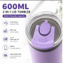 600ml Portable Travel Tumbler 2-in-1 Lid Sip & Straw BPA Free Vacuum Insulated Cup