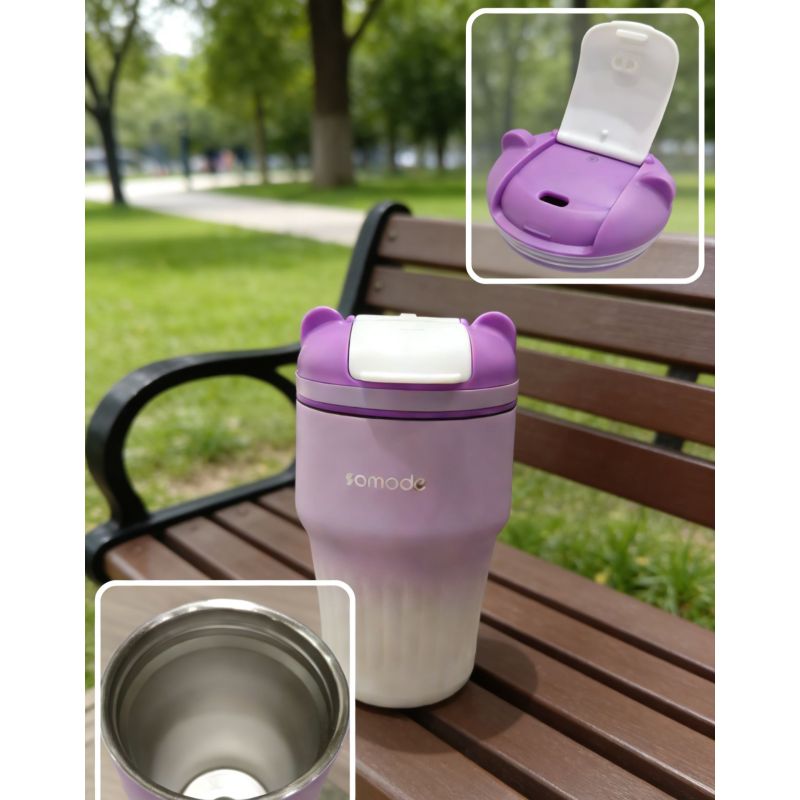 Simpatica tazza da caffè portatile a doppio strato in acciaio inossidabile ecologico con motivo floreale, ideale per l'uso quotidiano.