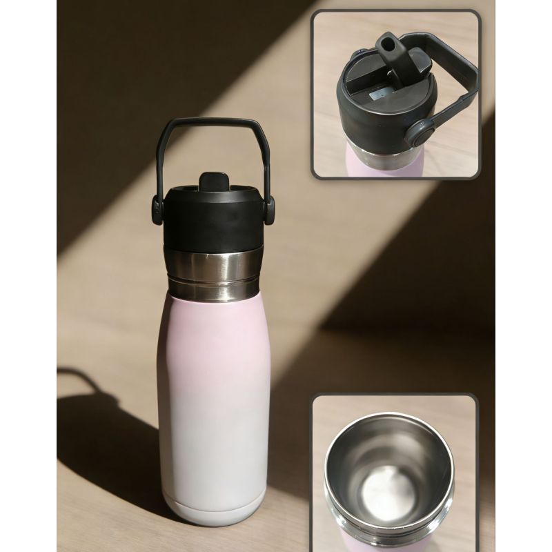 Borraccia portatile a doppia parete in acciaio inox con isolamento termico e coperchio con cannuccia a scatto, ideale per sport all'aria aperta e per l'uso quotidiano.