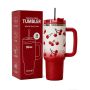 Isolierter Edelstahl-Reisebecher – Doppelwandiger Becher mit Strohhalm und Henkel
