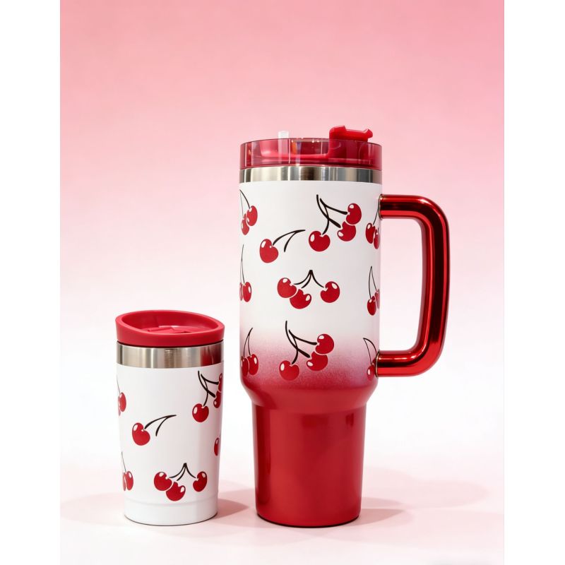 Isolierter Edelstahl-Reisebecher – Doppelwandiger Becher mit Strohhalm und Henkel