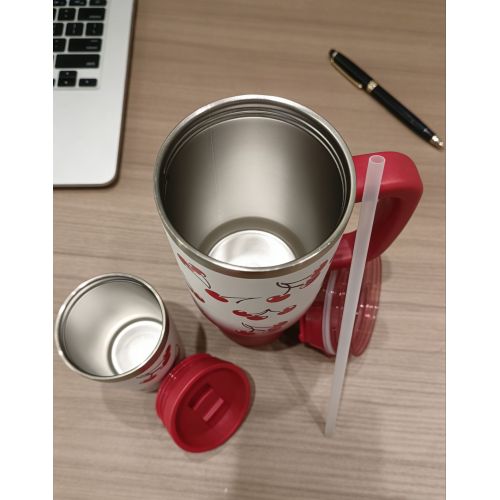Stainless Steel Insulated Travel Mug - Double Wall Tumbler with Straw & Handle