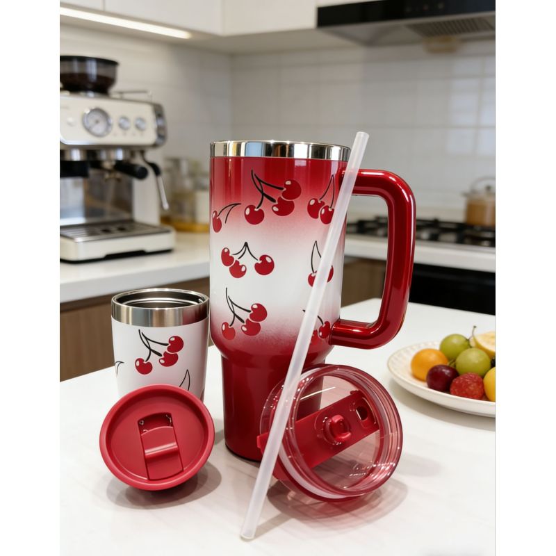 Isolierter Edelstahl-Reisebecher – Doppelwandiger Becher mit Strohhalm und Henkel