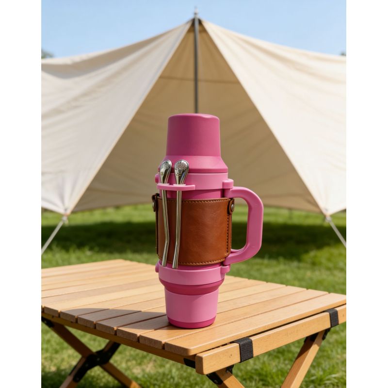 1000ml Double Cover Travel Pot Stainless Steel Water Bottle Vacuum Flask with Bombilla and Handle