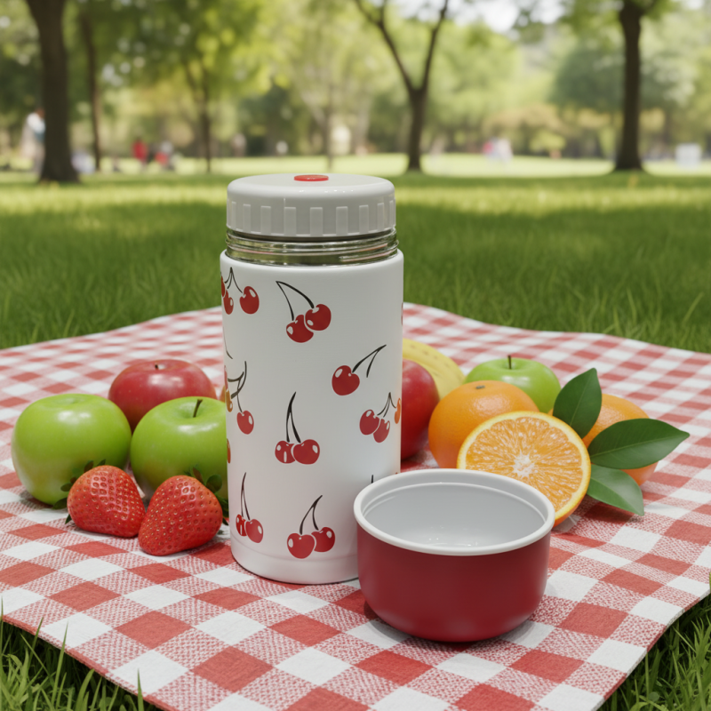 Double Wall Vacuum Insulated 304 Stainless Steel 1.0L Red & White Cherry Pattern Leak-Proof BPA Free Wide Mouth Thermos with Lid