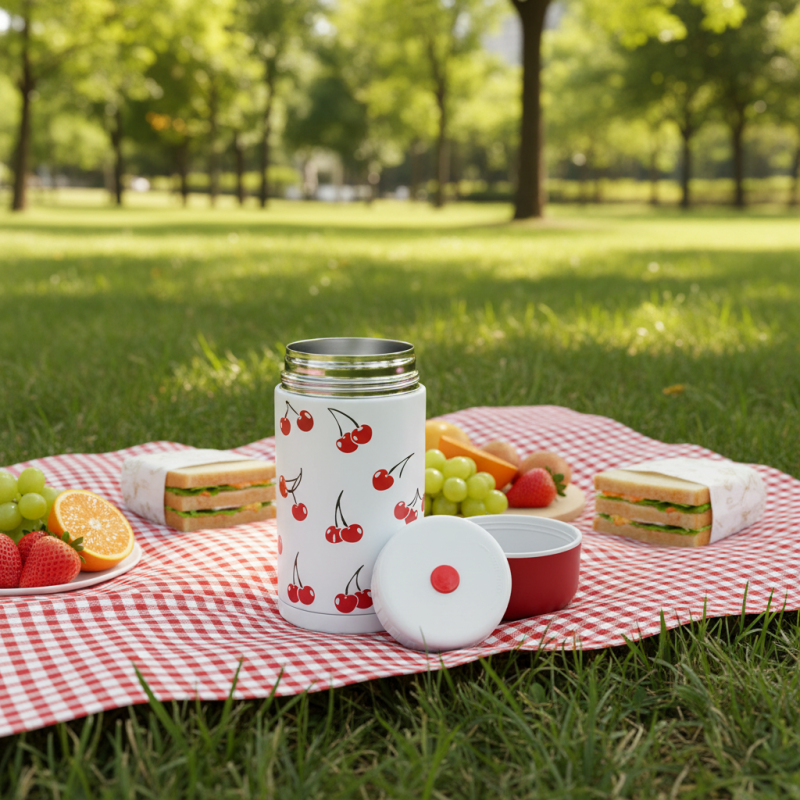Double Wall Vacuum Insulated 304 Stainless Steel 1.0L Red & White Cherry Pattern Leak-Proof BPA Free Wide Mouth Thermos with Lid