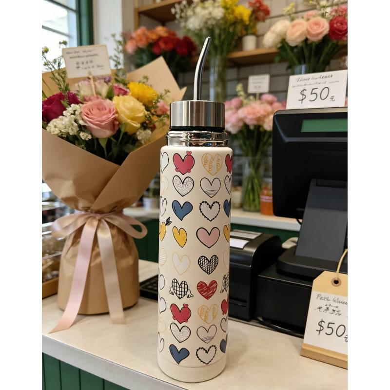Pattern Double Layer Stainless Steel Bullet-shaped Water Bottle with Metal Straw, Leakproof Insulated Vacuum Flask for Daily Use