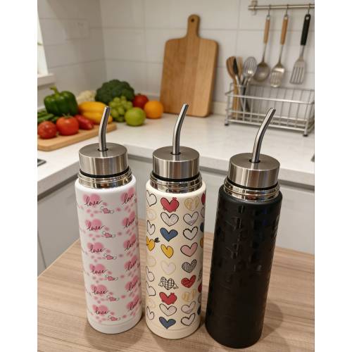 Pattern Double Layer Stainless Steel Bullet-shaped Water Bottle with Metal Straw, Leakproof Insulated Vacuum Flask for Daily Use