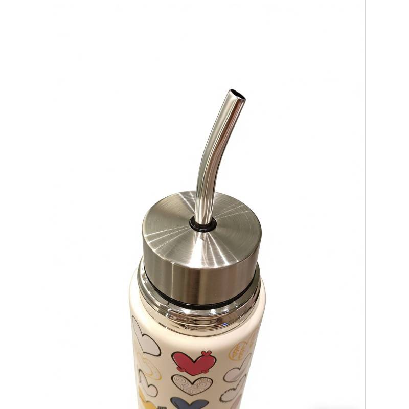 Pattern Double Layer Stainless Steel Bullet-shaped Water Bottle with Metal Straw, Leakproof Insulated Vacuum Flask for Daily Use