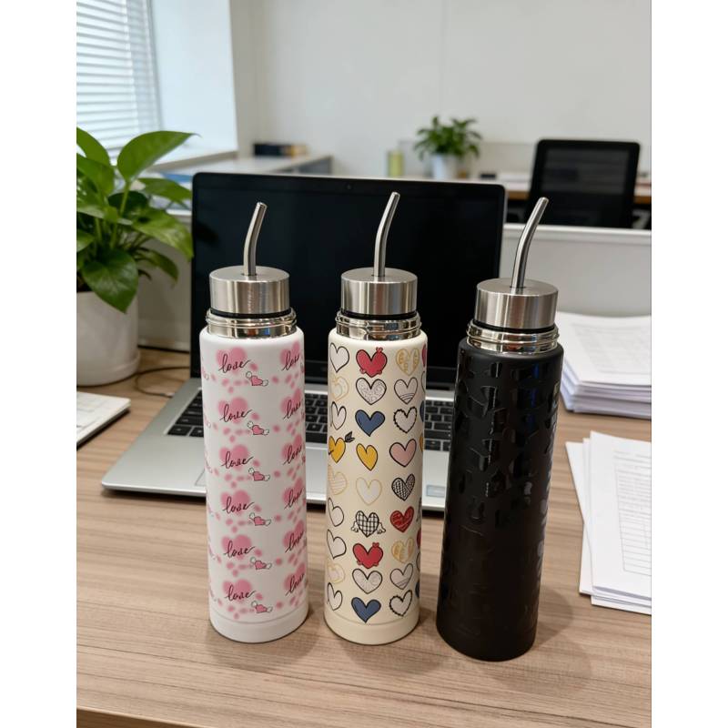 Pattern Double Layer Stainless Steel Bullet-shaped Water Bottle with Metal Straw, Leakproof Insulated Vacuum Flask for Daily Use