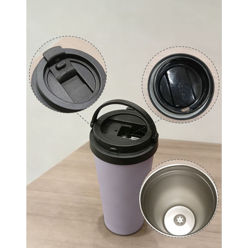 Copo térmico multicolorido em aço inoxidável com tampa à prova de vazamentos e alça para transporte. Reutilizável e ideal para viagens, ideal para bebidas quentes e frias.