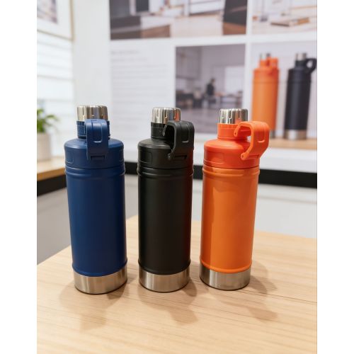 Sports Style Flip Lid Insulated Bottle Black Stainless Steel Vacuum Flask Leakproof Portable With Handle For Outdoor Gym Travel