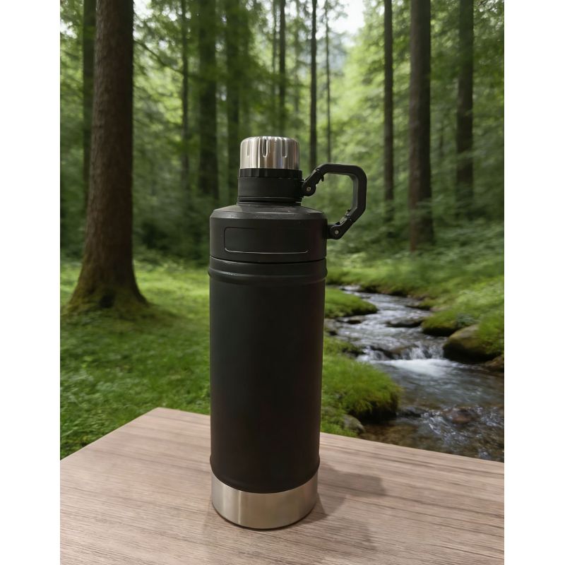 Sports Style Flip Lid Insulated Bottle Black Stainless Steel Vacuum Flask Leakproof Portable With Handle For Outdoor Gym Travel