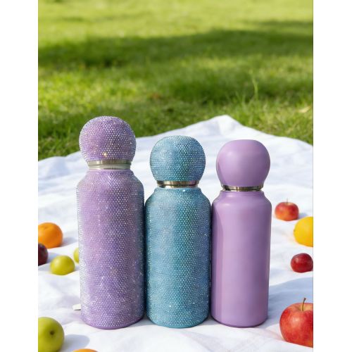 Sparkling Crystal Studded Stainless Steel Thermal Flask with Detachable Mate Cup Set and Spill-Proof Sip Nozzle for Daily