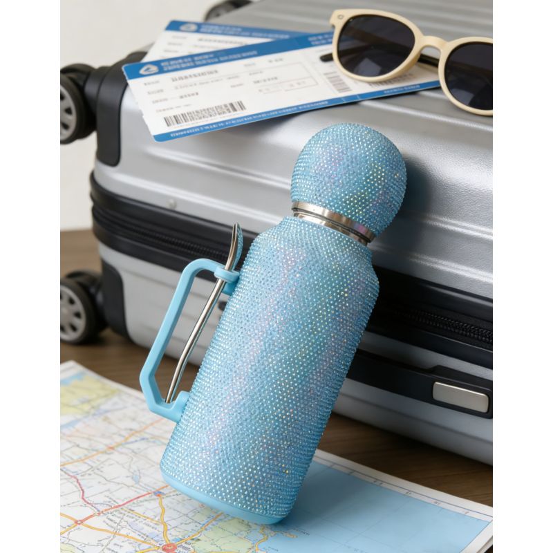 Sparkling Crystal Studded Stainless Steel Thermal Flask with Detachable Mate Cup Set and Spill-Proof Sip Nozzle for Daily