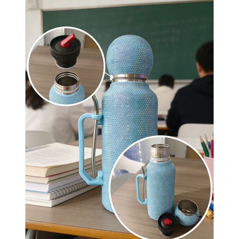 Sparkling Crystal Studded Stainless Steel Thermal Flask with Detachable Mate Cup Set and Spill-Proof Sip Nozzle for Daily