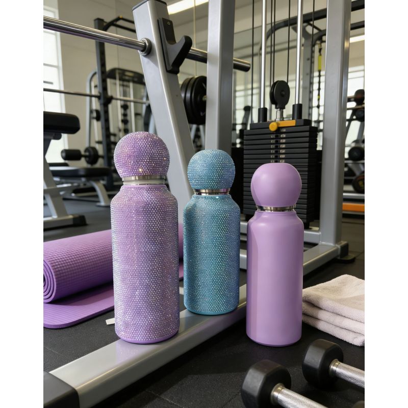 Sparkling Crystal Studded Stainless Steel Thermal Flask with Detachable Mate Cup Set and Spill-Proof Sip Nozzle for Daily