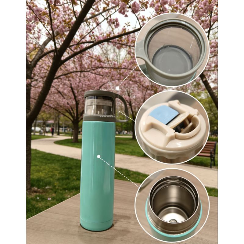 Thermos portatile in acciaio inox con coperchio a tenuta stagna e filtro per il tè.