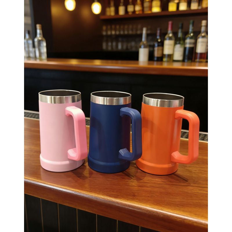 Boccale da birra premium a doppia parete in acciaio inox, a prova di perdite, con impugnatura robusta, ideale per feste e uso quotidiano.