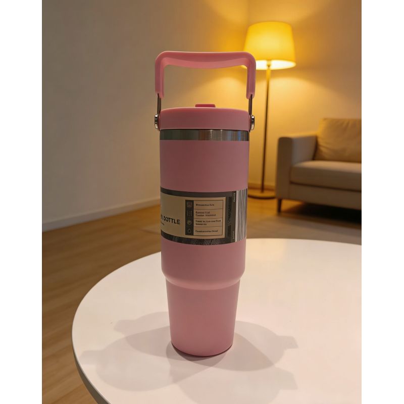 Robuster, isolierter Becher mit Griff und Strohhalm, vakuumversiegelt, aus Edelstahl, für Zuhause, Büro und Outdoor-Aktivitäten