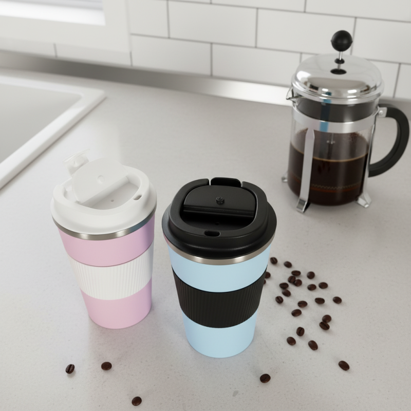 Insulated Travel Thermal Coffee Mug Reusable 500ml Stainless Steel Tumbler with Powder Coated Lid Vacuum Bottle Type