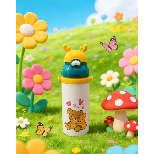 Deer Antler Kids Insulated Water Bottle Stainless Steel Double Wall Vacuum Flask with Straw Lid Leakproof BPA Free for All