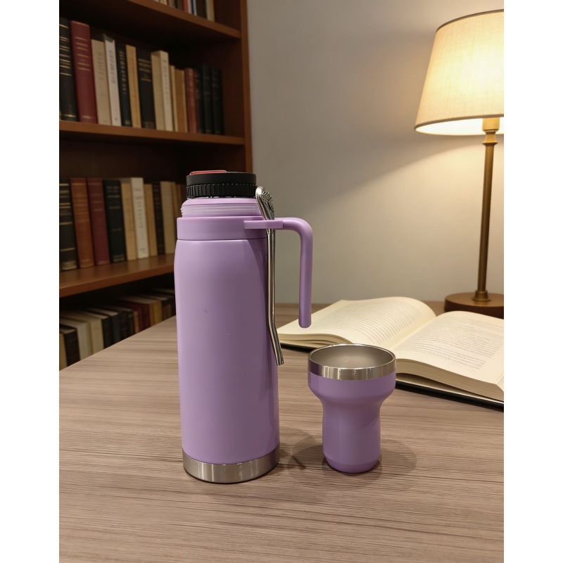 Vacuum Insulated Stainless Steel Bullet Shape Water Bottle with Portable Handle and Detachable Cup for Travel Camping and Daily