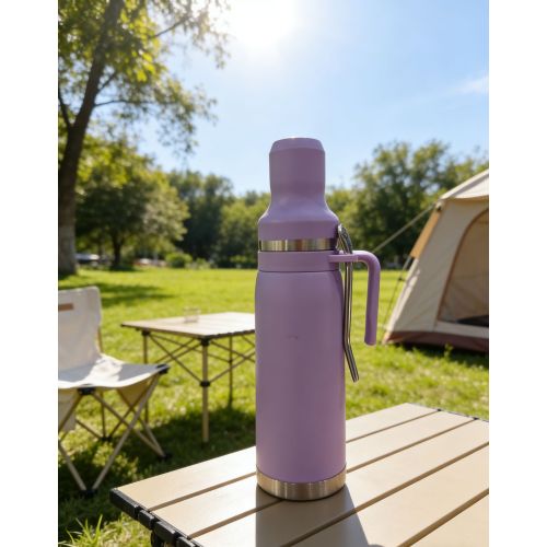 Vacuum Insulated Stainless Steel Bullet Shape Water Bottle with Portable Handle and Detachable Cup for Travel Camping and Daily