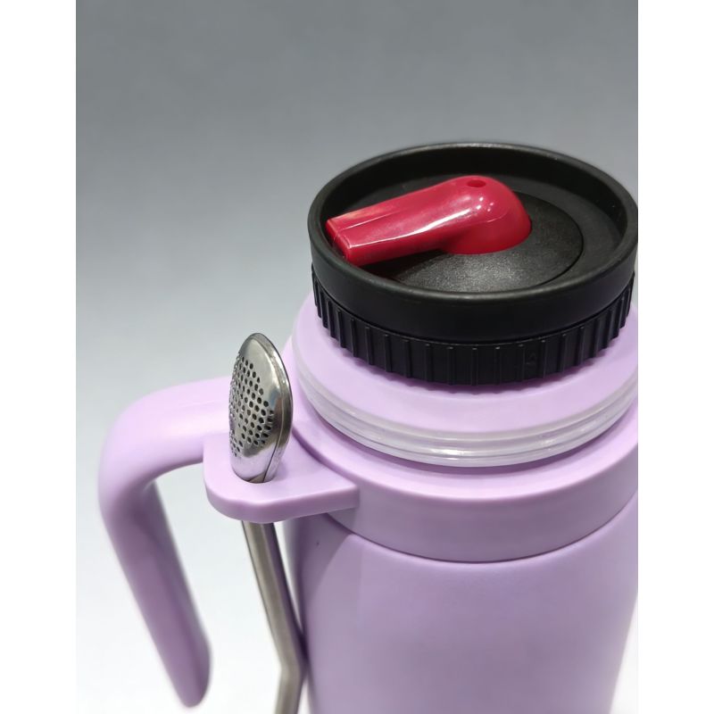 Vacuum Insulated Stainless Steel Bullet Shape Water Bottle with Portable Handle and Detachable Cup for Travel Camping and Daily