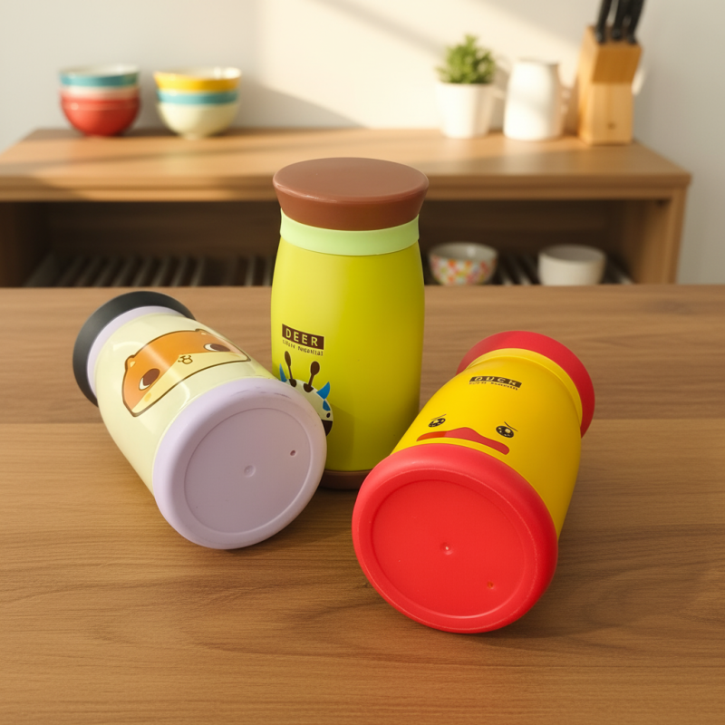 Niedliche Kinder-Thermosflasche mit Tiermotiv, 260 ml, doppelwandig, aus Edelstahl, ideal für den Schulanfang.