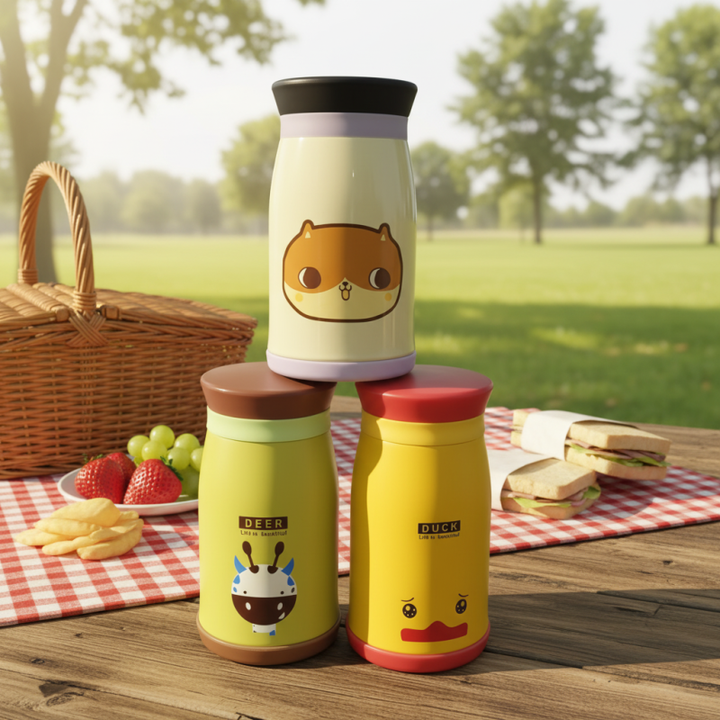 Niedliche Kinder-Thermosflasche mit Tiermotiv, 260 ml, doppelwandig, aus Edelstahl, ideal für den Schulanfang.