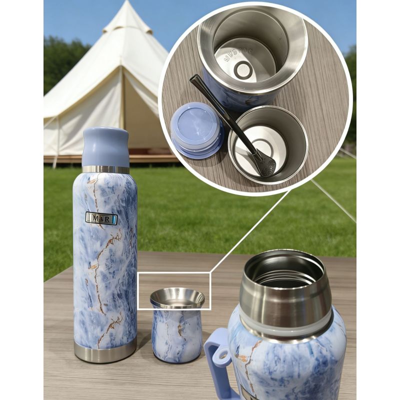 Garrafa térmica de aço inoxidável 304 com textura de mármore, à prova de vazamentos e fácil de limpar, com cuia e colher para mate.