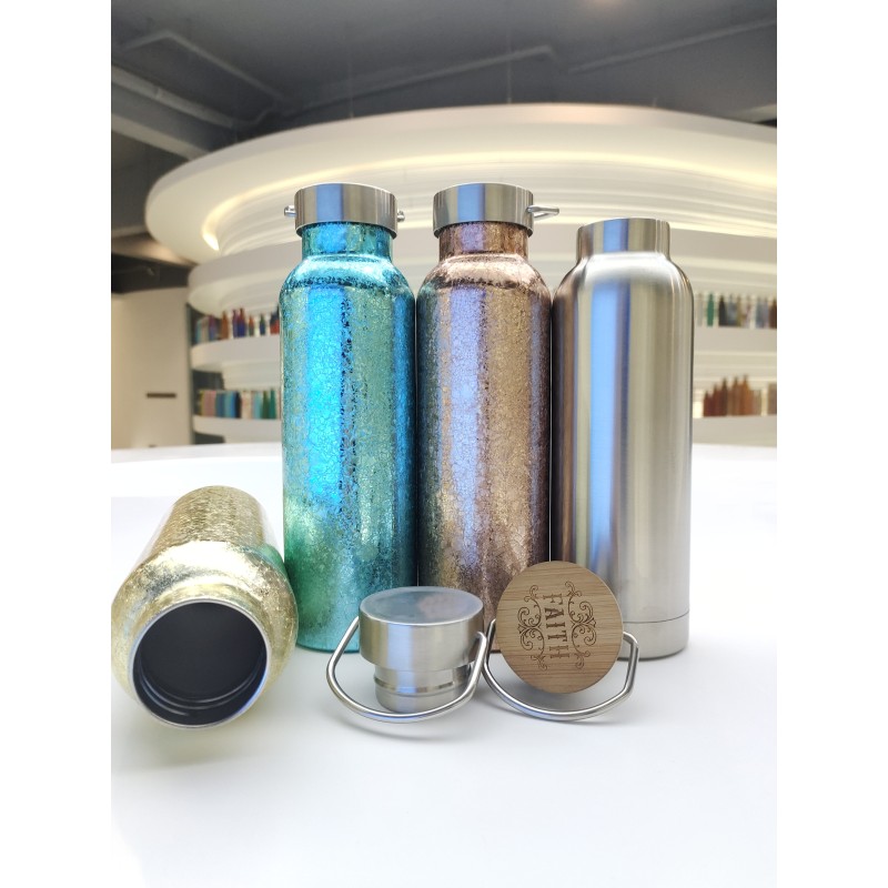 Gourde de sport de voyage en acier inoxydable à double paroi isotherme, recouverte de poudre colorée à paillettes et munie d'une poignée