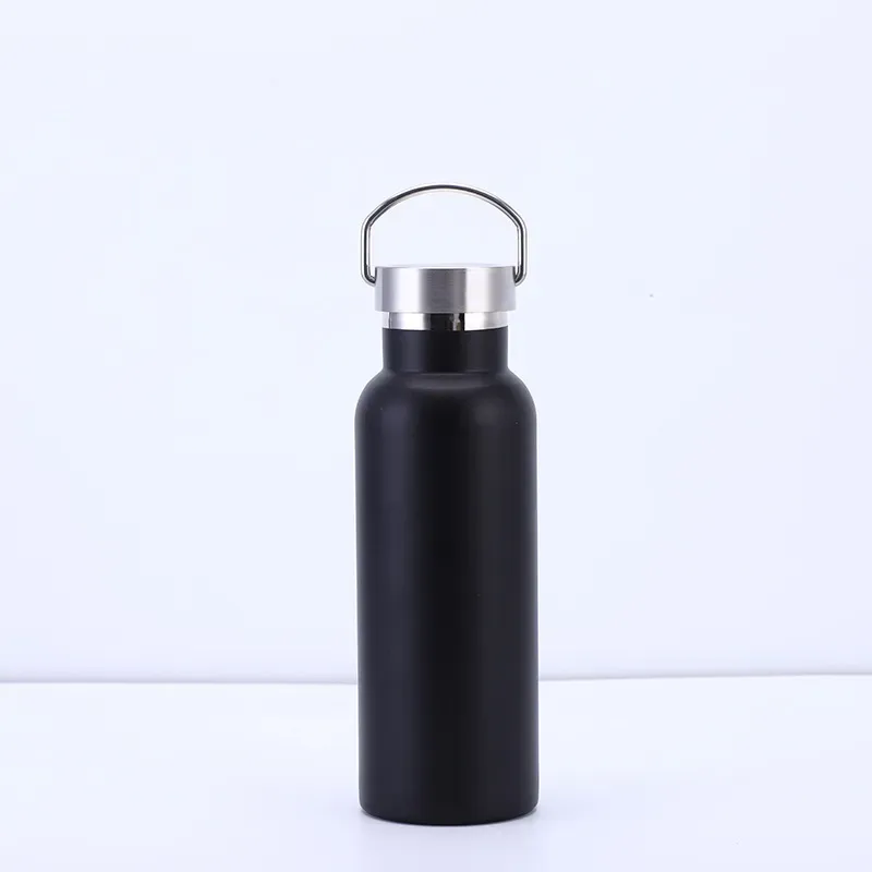 Gourde de sport de voyage en acier inoxydable à double paroi isotherme, recouverte de poudre colorée à paillettes et munie d'une poignée