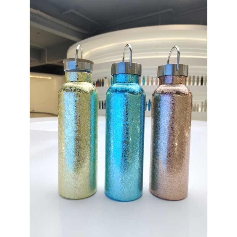 Gourde de sport de voyage en acier inoxydable à double paroi isotherme, recouverte de poudre colorée à paillettes et munie d'une poignée