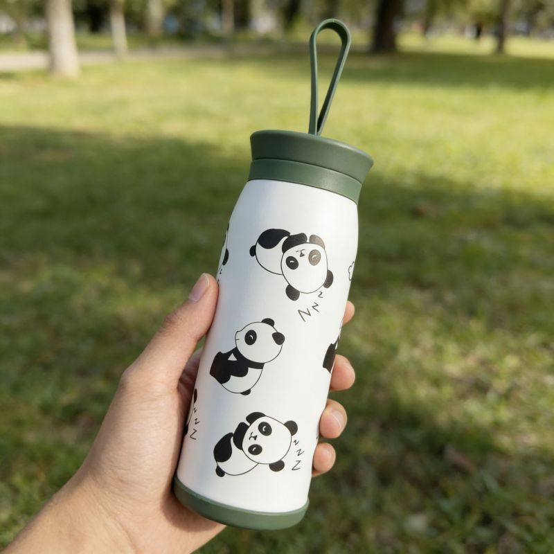 New Style Stainless Steel Cute Panda Design Vacuum Flask | Eco-Friendly Travel Thermos Leak-Proof Hand Grip | 500ml 12h Heat