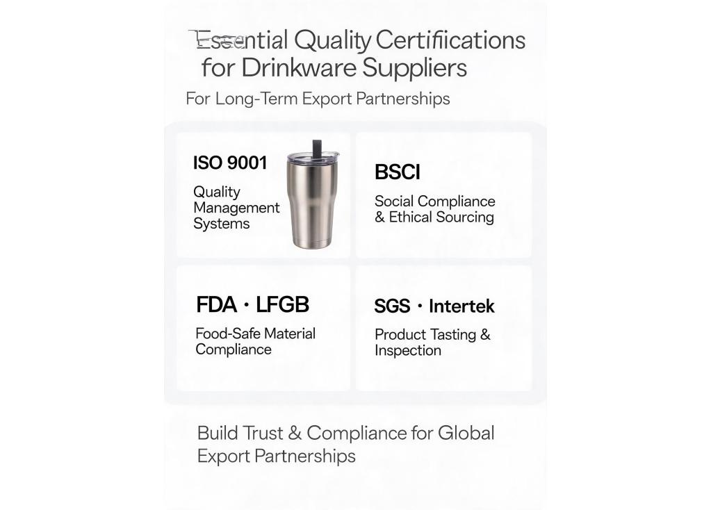 What quality certifications should a drinkware supplier have for long-term export partnerships?