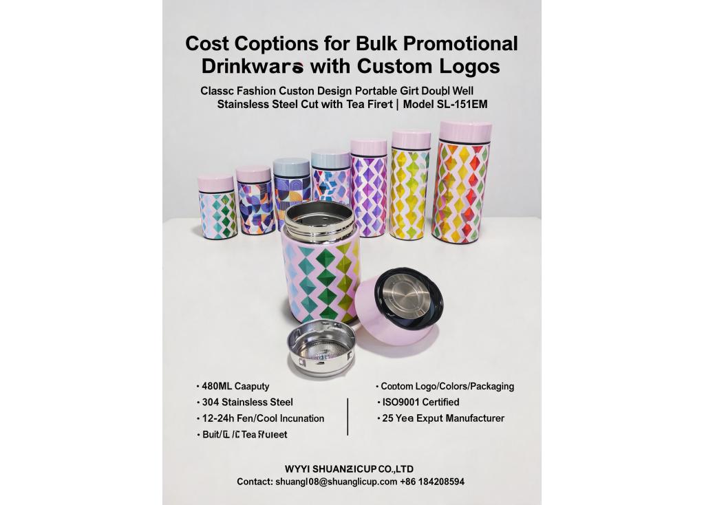 What are the cost options for bulk promotional drinkware with custom logos?