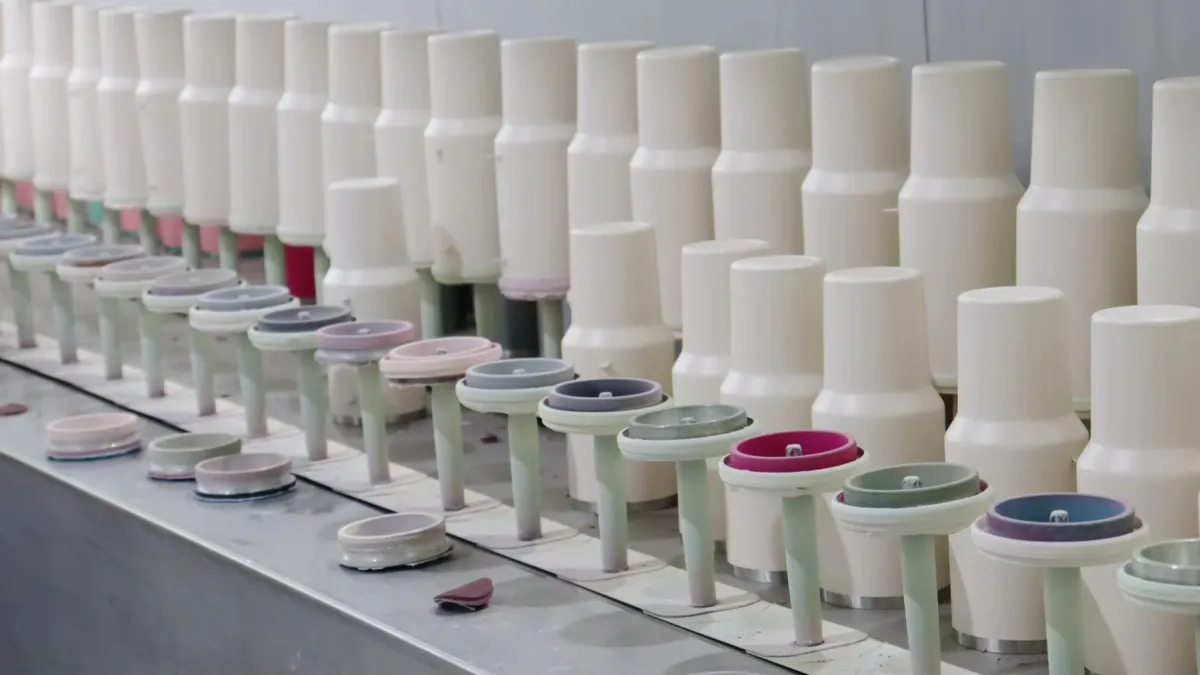 White plastic lid components arranged on production fixtures
