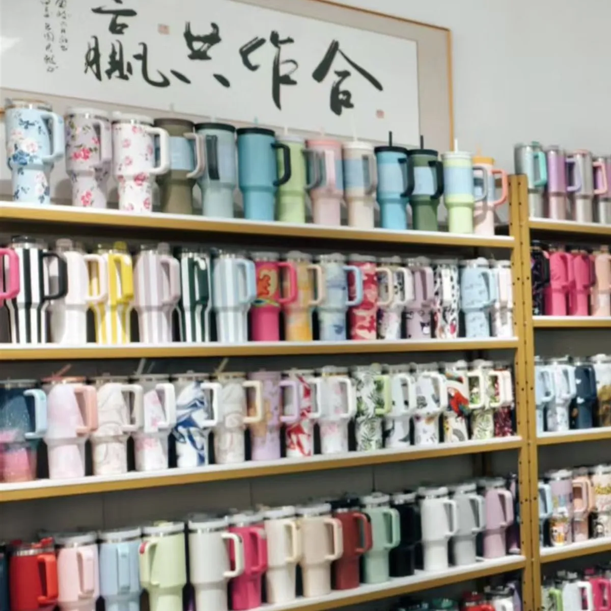 Rows of handled insulated tumblers displayed in the Bluegreen drinkware showroom
