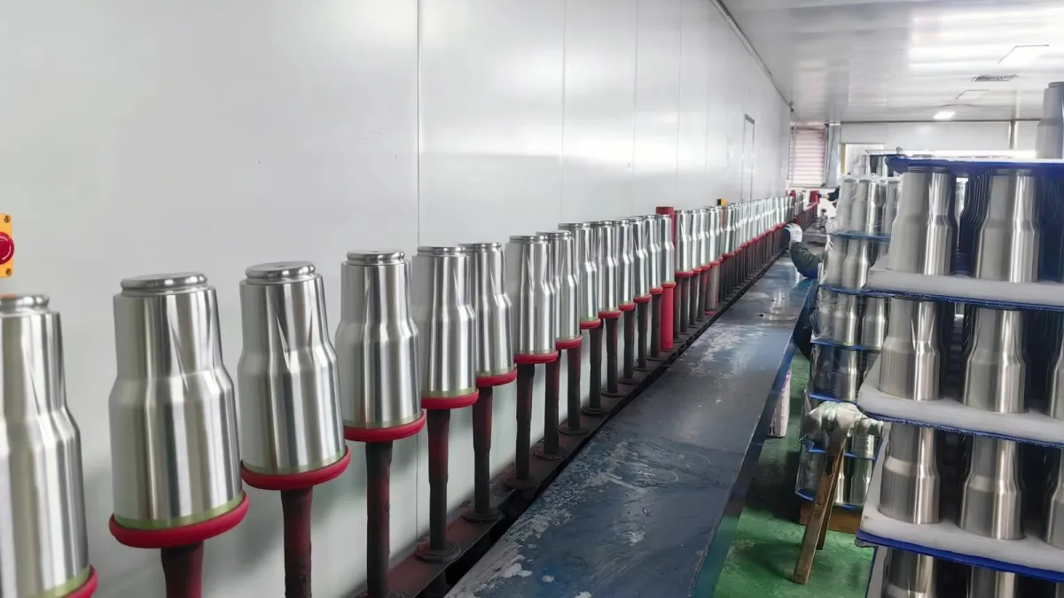 Rows of stainless steel tumbler bodies on a drinkware factory production line