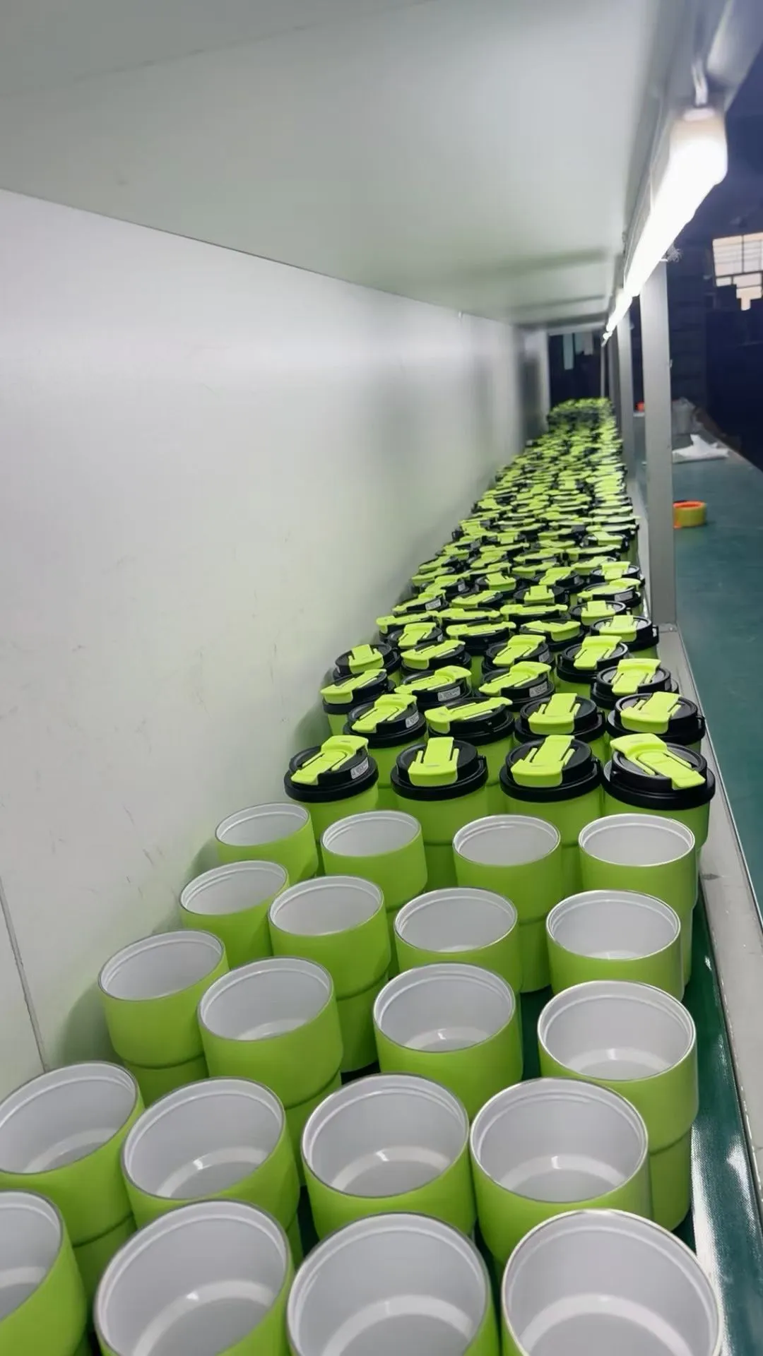 Rows of green coated drinkware arranged along a factory production line