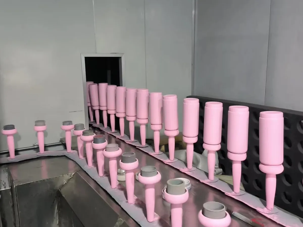 Pink cup bodies mounted on fixtures inside a factory finishing area