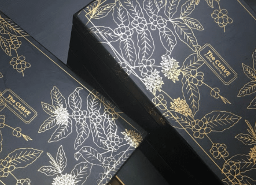 close up of metallic gold foil stamped logo on luxury custom packaging box for wholesale tumblers